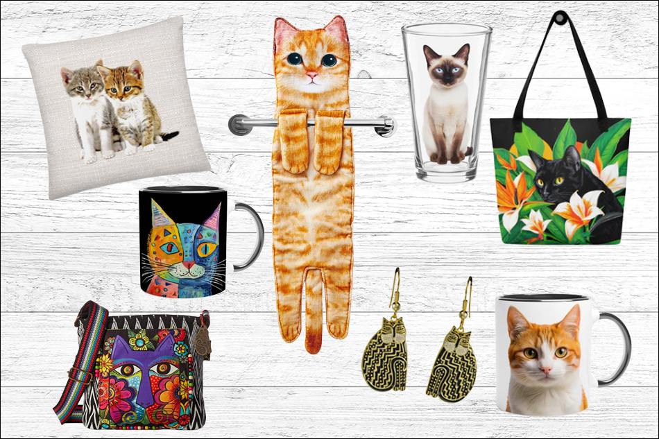 cat and kitten themed gifts on a white background