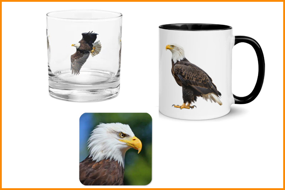 glass mug and coaster printed with a bald eagle