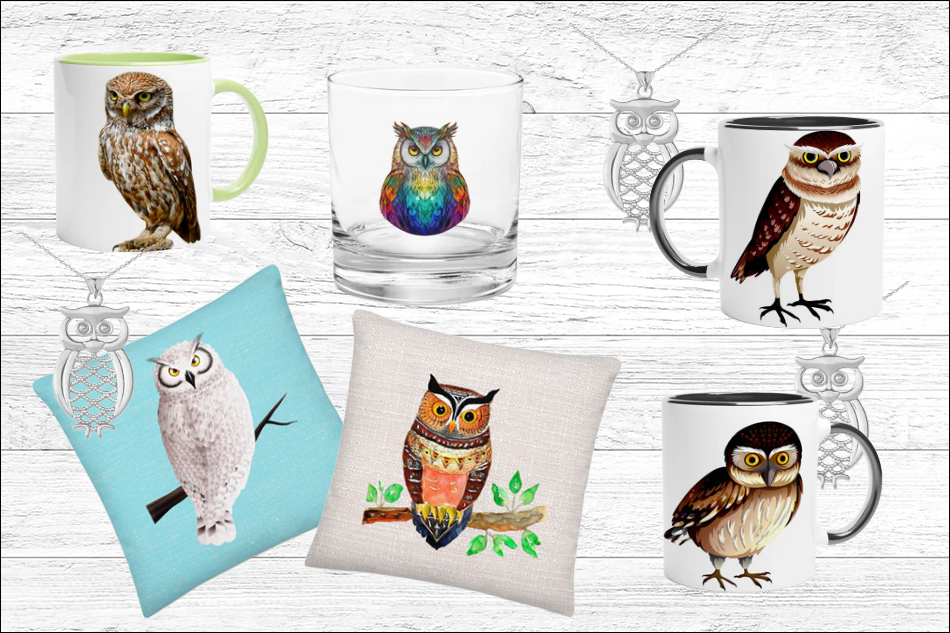 owl themed gifts on a white background