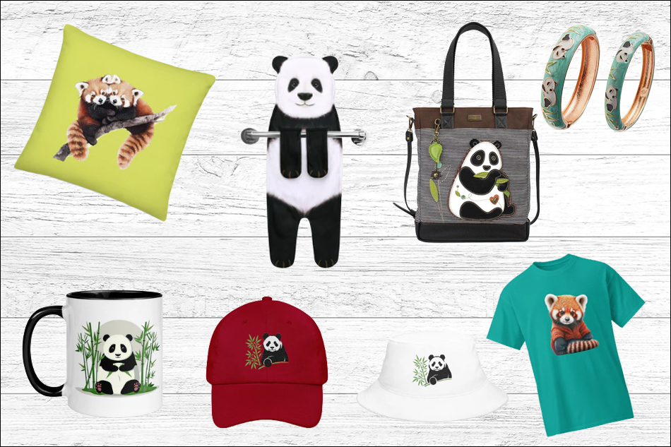 panda themed gifts displayed on a white background